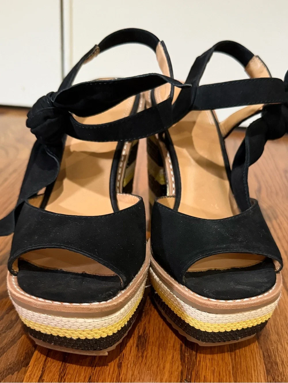 Black Suede Platform Sandals with Yellow and Brown Striped Wedge